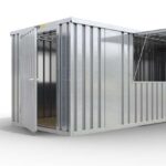 Verkaufscontainer - Barcontainer mit Verkaufsklappe mittig und außermittig und Ablage, H2216 x B5055 x T2350 mm, verzinkt, zerlegt